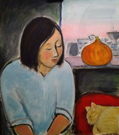 Girl (Erzhena), the cat and the pumpkin